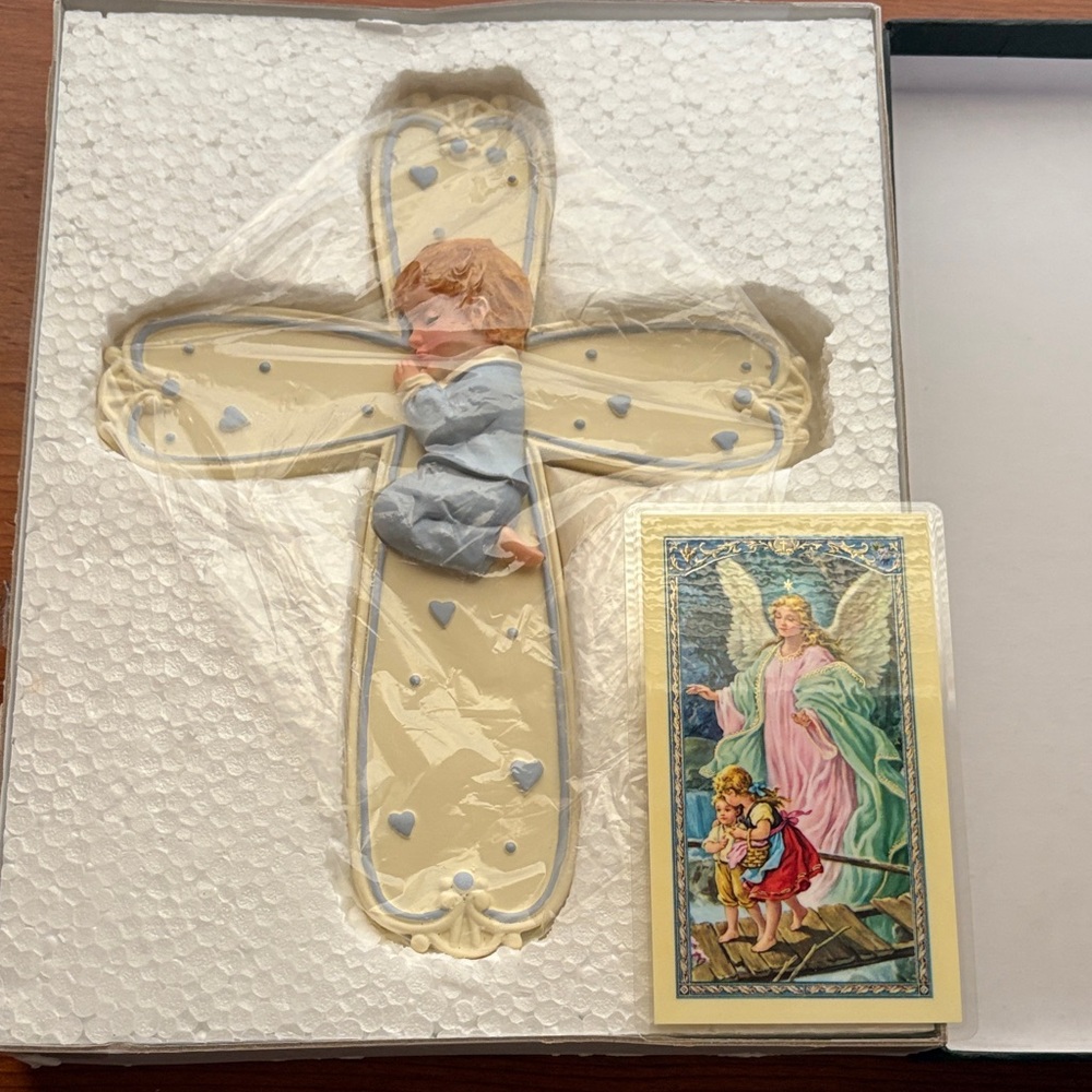 Creed Cream and Blue Cross with Sleeping Child Figurine
